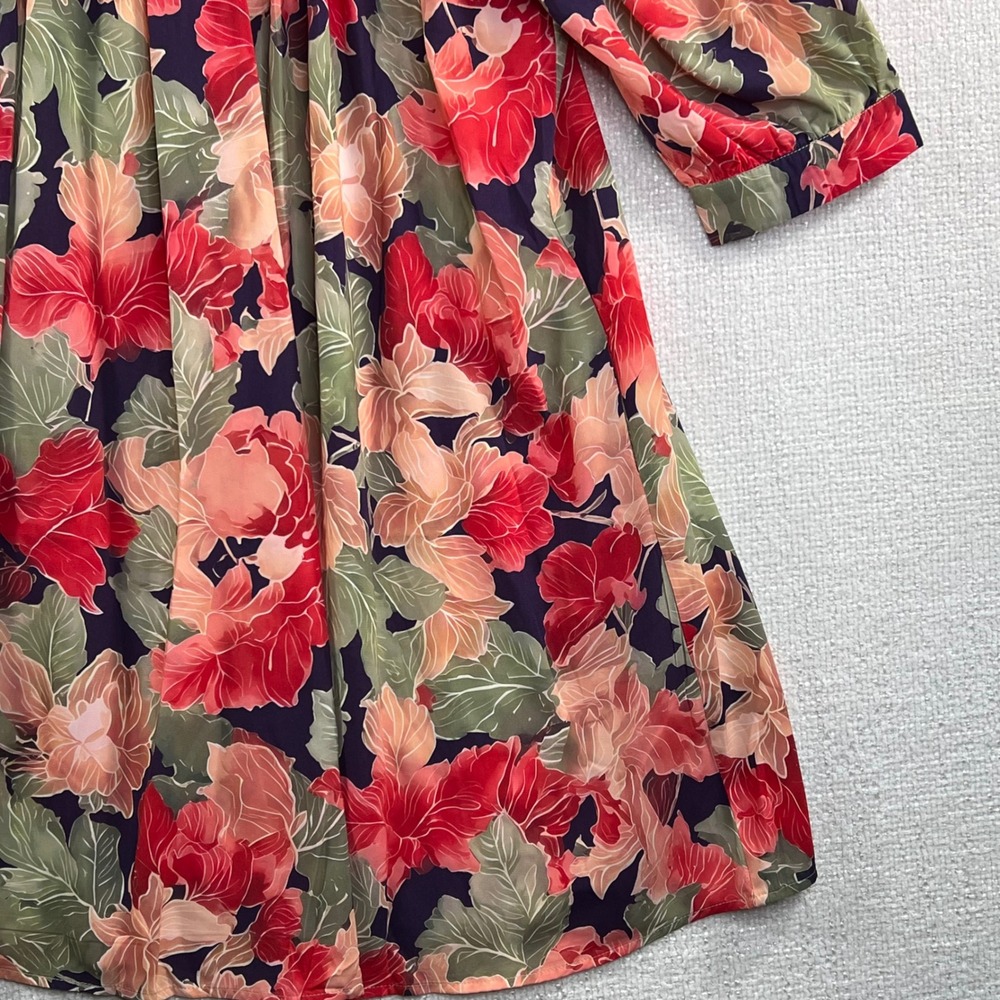 Floral Boho Midi Dress Empire Waist V-Neck 3/4 Sleeve Romantic Cottagecore M - Picture 5 of 10